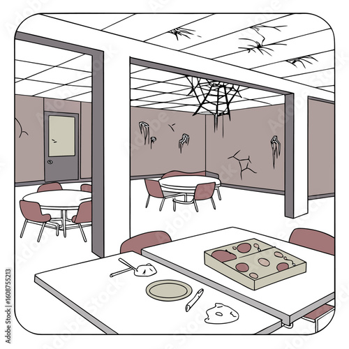 Illustration of a dilapidated room with tables, chairs, pizza, and signs of disrepair and neglect seen