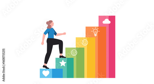 A woman confidently ascends colorful steps representing stages of growth, symbolizing progress, achievement, and personal development in a minimalist vector illustration.