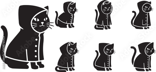 Cat Under Raincoat Silhouette Icon Set – Black Vector Illustration