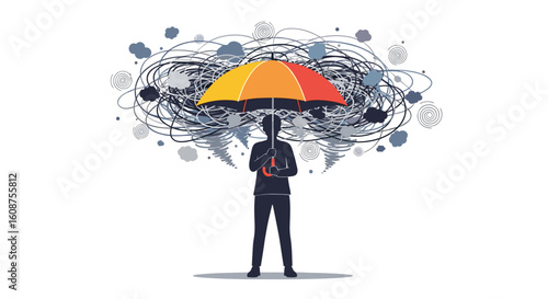 A person stands under an umbrella, shielding themselves from a chaotic storm of thoughts and ideas, representing mental health and stress management in a digital illustration.