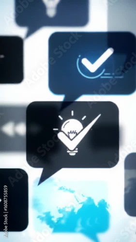 Sleek, modern speech and thought bubbles with minimalist lightbulb, checkmark, arrow symbols animate on a clean white gradient background, accented by subtle impact visuals and a subtle dolly-in,