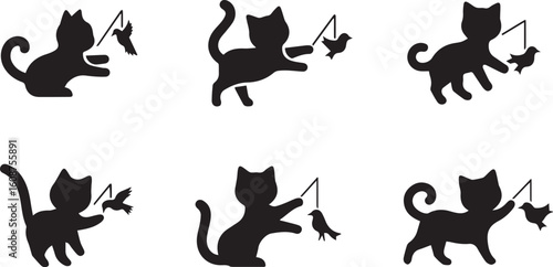 Cat with Bird Toy Silhouette Icon Set – Black Vector Illustration