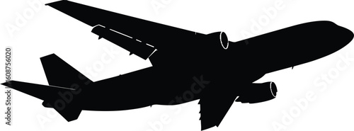 Silhouette of a Large Commercial Airplane Ascending Against a White Background Emphasizing Aviation and Travel Themes