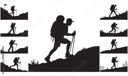 Black silhouette hikers with backpacks and poles on hillsides hiking mountain