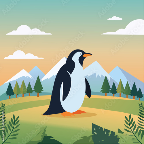 Cartoon penguin standing majestically amidst a serene landscape with mountains and trees