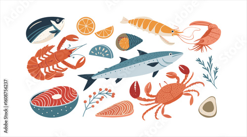 A set of seafood and fish illustrated in vector style. This cartoon flat image includes mussels, salmon, shrimp, caviar, lobster, crayfish, crab, oysters, and tuna, all isolated on a white surface.