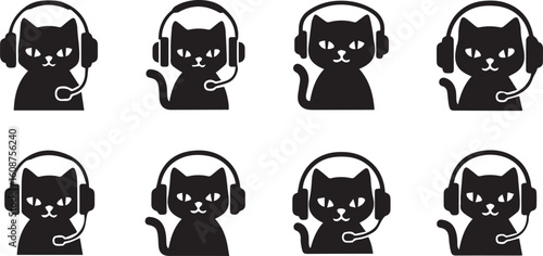 Cat with Headphones Silhouette Icon Set – Black Vector Design