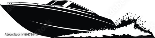 Monochrome Illustration of a Motorboat Speeding Through the Water Creating a Splash Isolated on a White Background