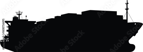 Black Silhouette of a Cargo Ship Carrying Containers on a White Background Transportation and Global Trade