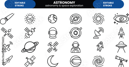 Minimalist astronomy and space exploration icon set, satellites, rockets, planets, telescopes, astronauts, galaxies