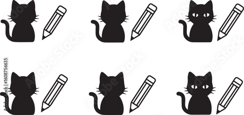 Cat with Pencil Silhouette Icon Set – Black Vector Design