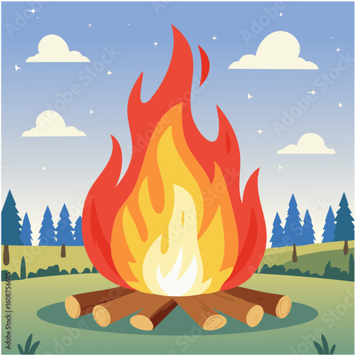Set of dynamic fire vector illustrations and cartoon flames including wildfire scenes, burning forests, flat icons, explosion effects, and blazing backgrounds for emergency or danger themes.

