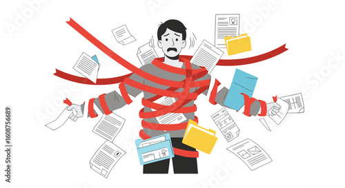 Stressed man entangled in red tape and documents, symbolizing overwhelming bureaucracy and administrative burden.