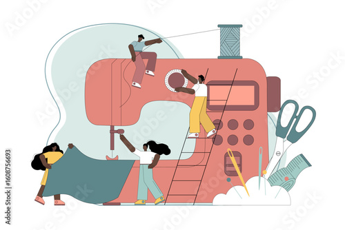 Concept needlework, handmade, hobbies. People sew with a sewing machine. Vector flat illustration