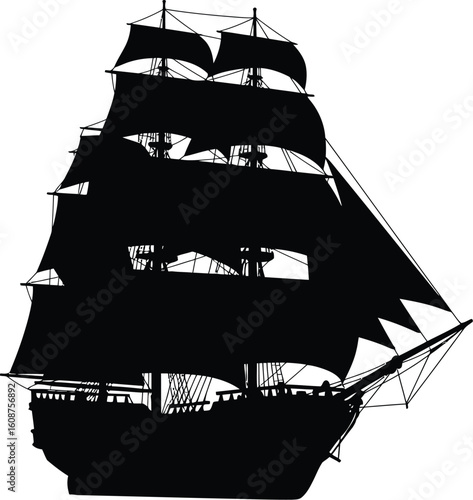 Silhouette of a Tall Ship Sailing Vessel with Sails on a White Background Nautical Illustration