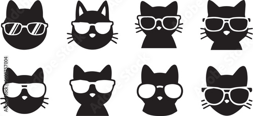 Cat with Sunglasses Silhouette Icon Set – Black Vector Design
