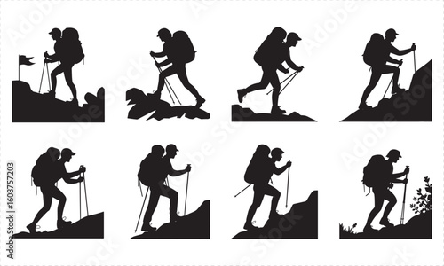 Eight black silhouettes of hikers with backpacks and trekking poles ascending rocky terrain