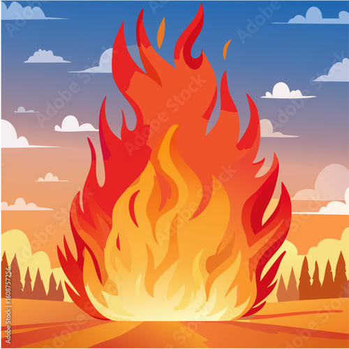 Set of dynamic fire vector illustrations and cartoon flames including wildfire scenes, burning forests, flat icons, explosion effects, and blazing backgrounds for emergency or danger themes.

