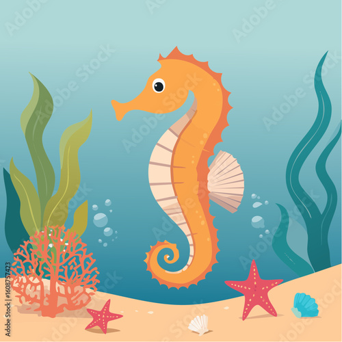 Whimsical underwater adventure featuring a vibrant orange seahorse in a charming illustration