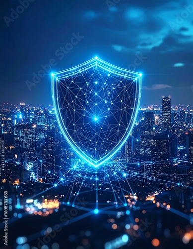 Wallpaper Mural Futuristic blue shield icon glowing in a city skyline at night Torontodigital.ca