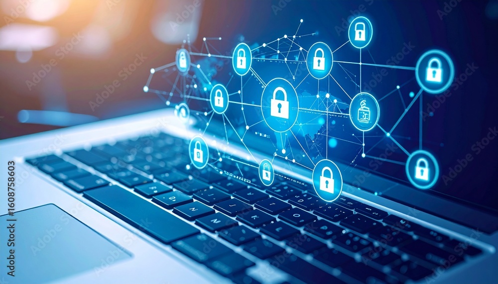 Naklejka premium Digital security system interface on a laptop keyboard displaying lock