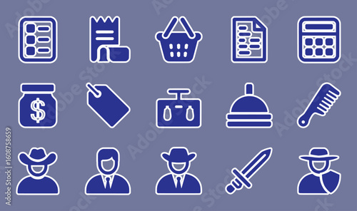 Assortment of Blue and White Icons Representing Business and People vector silhouette