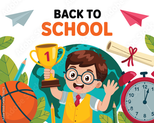 Cartoon back to school illustration with happy boy holding trophy, school supplies, globe, basketball, and alarm clock on grid background
