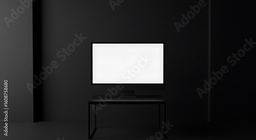 A blank white screen on a modern monitor sits atop a sleek black table against a dark, minimalist background.