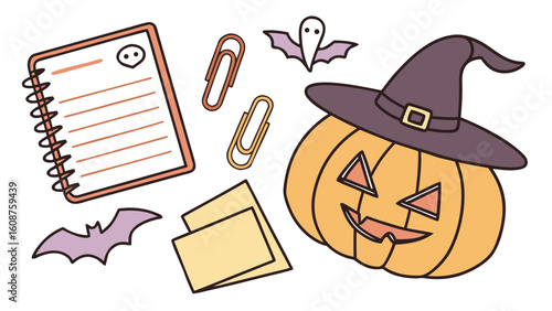 Halloween themed desk scene with pumpkin wearing a hat notebook and bats and paperclips scattered around
