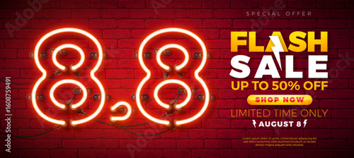 Shopping Day Flash Sale Banner Design with 8.8 Glowing Neon Light Number and Typography Lettering on Vintage Brick Wall Background. Vector 8 August Special Offer Design for Promotional Coupon, Voucher