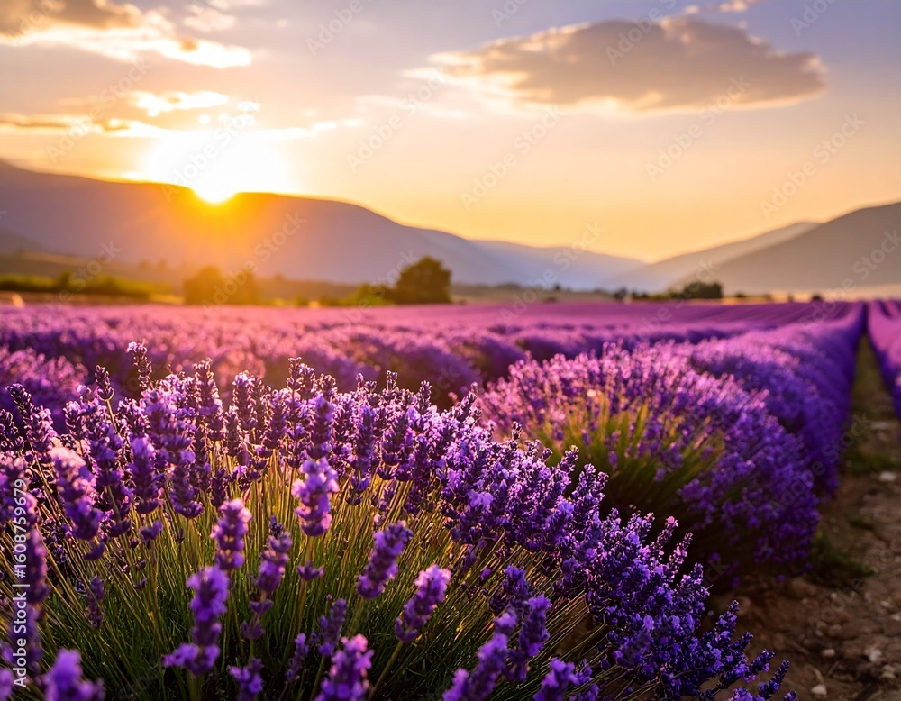Naklejka premium Lavender Fields at Sunset in Full Bloom