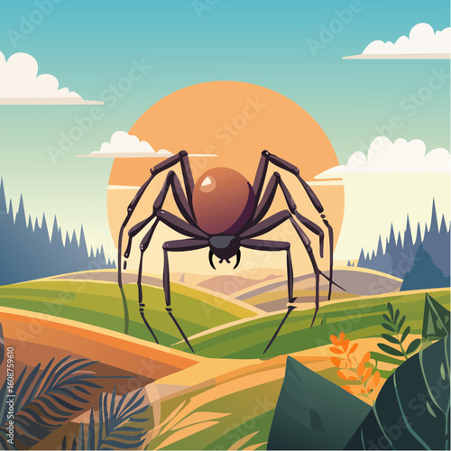 Spider's sunset landscape illustration vector design, showcasing a spider over a beautiful countryside