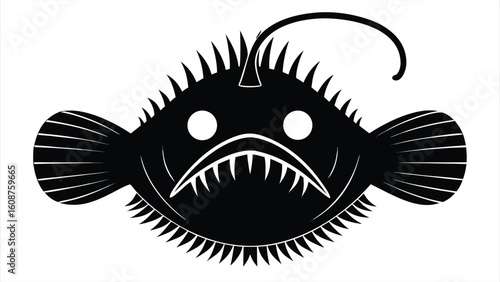 Flat silhouette of anglerfish with glowing lure