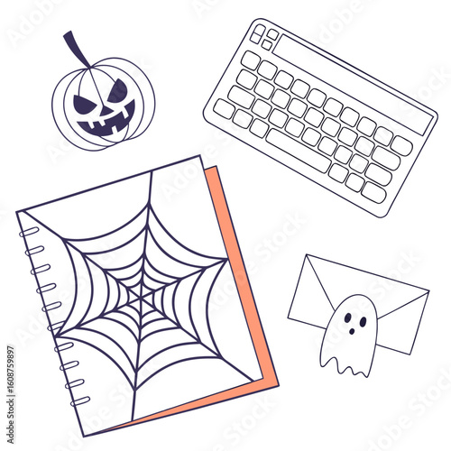 Halloween themed desk setup featuring a pumpkin notebook keyboard and ghost in an envelope drawing