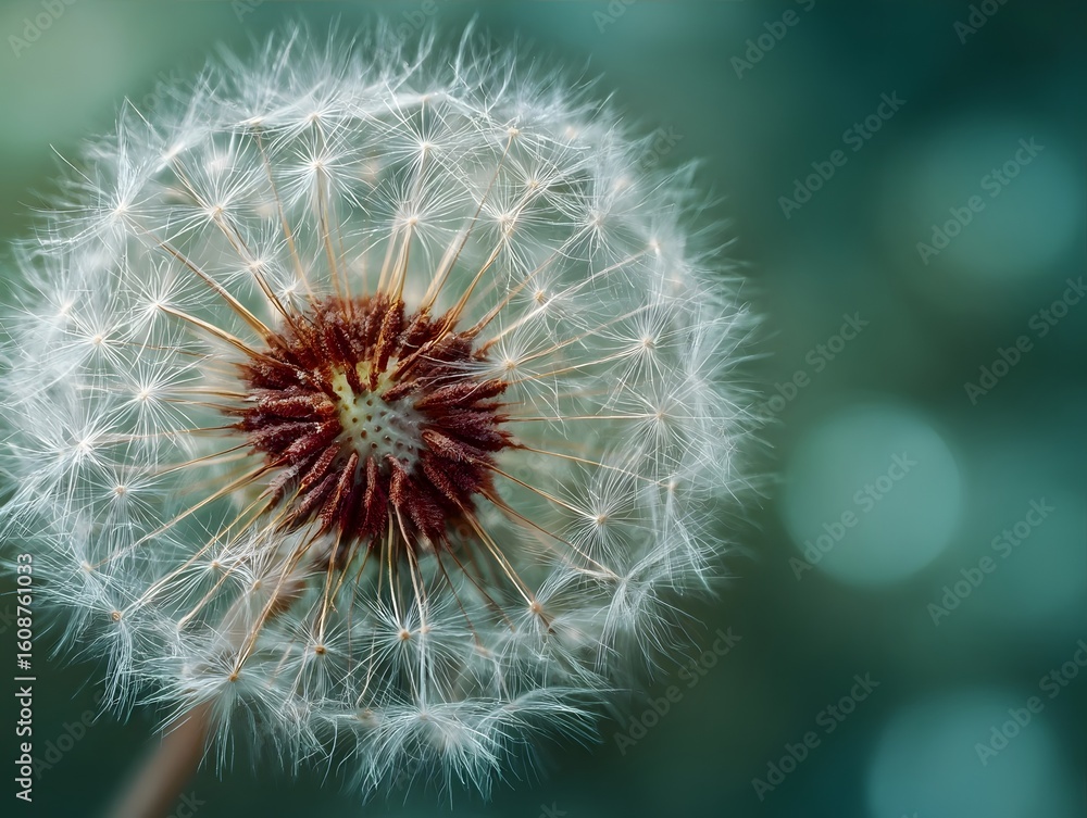 Fototapeta premium Dandelion seed head with white fluffy seeds, blurred green background, soft lighting.