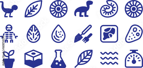 Dinosaur leaf fossil skeleton water drop trowel plant flask waves scale vector