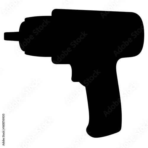 Black silhouette image of a handheld power drill on a white background