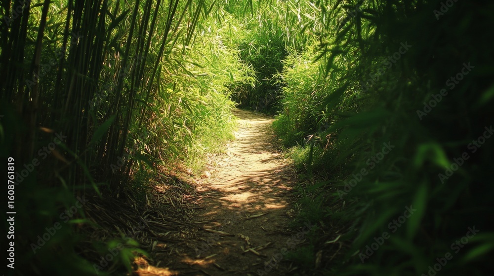 Fototapeta premium Explore a tranquil path through lush greenery. Nature invites you into a serene world. Discover the beauty of the outdoors. Generative AI