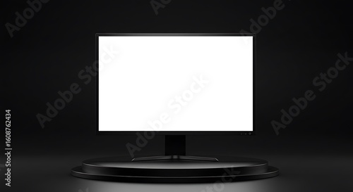 A blank white screen on a black stand, centered on a circular platform against a dark background.
