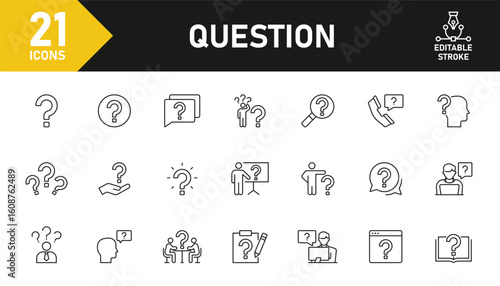 Question line icon set. Set of 21 outline icons related to question mark, problem, confusion, help, ask, faq and others. Editable stroke. Vector illustration.