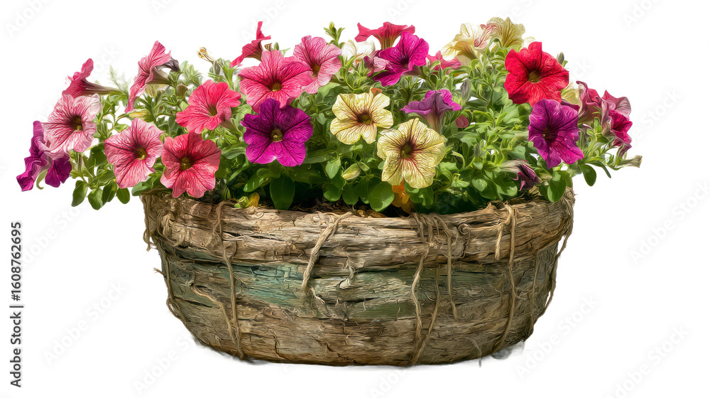 Naklejka premium Colorful petunias in rustic planter