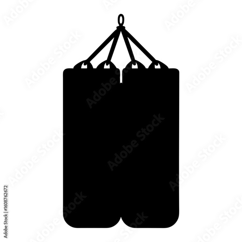 Black silhouette of hanging boxing punching bag on white background