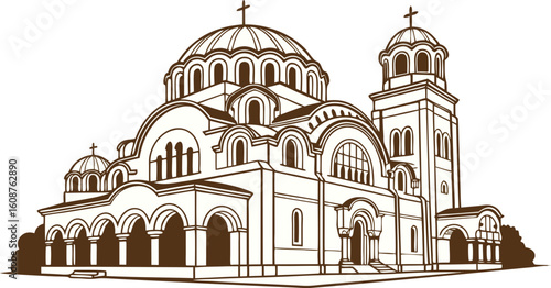 Elegant line art showcases a magnificent Serbian Orthodox Church, featuring iconic domes and crosses, ideal for projects on faith, culture, and history.