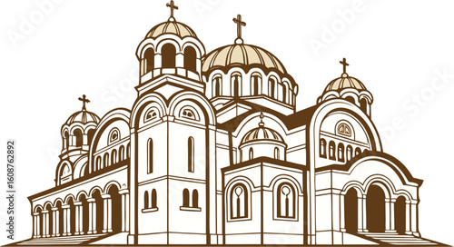 Elegant line art showcases a magnificent Serbian Orthodox Church, featuring iconic domes and crosses, ideal for projects on faith, culture, and history.