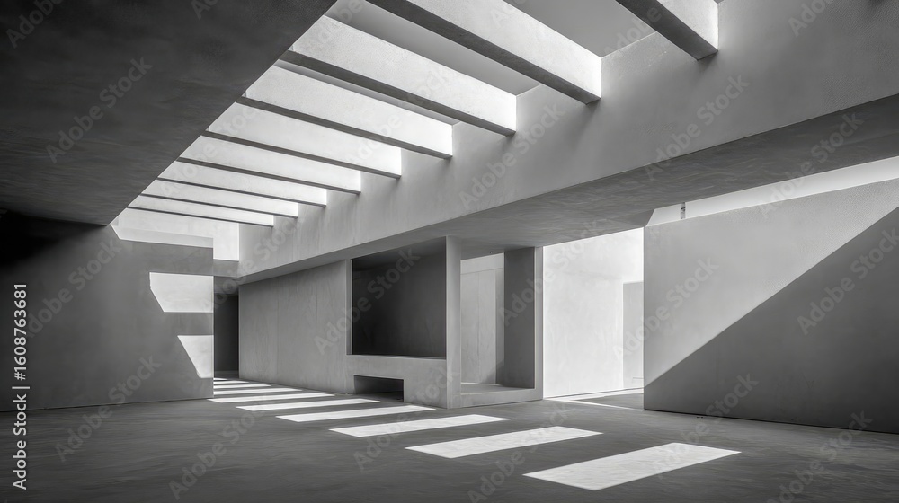 Fototapeta premium A monochrome concrete interior with clean lines and geometric shadows, illuminated by natural skylight.