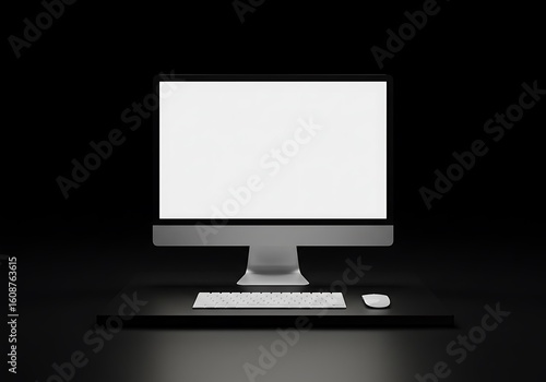 A modern silver desktop computer with a blank white screen, keyboard, and mouse is centered against a dark background.