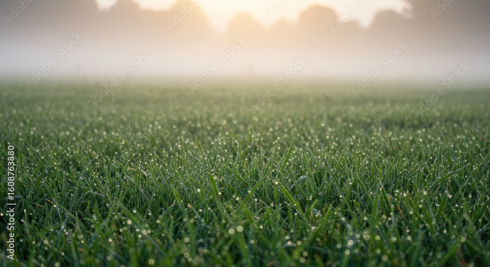 Fototapeta premium Dew drops on grass in misty morning light