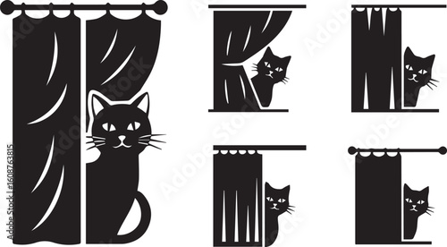 Cat hiding behind curtain black silhouette icon set, vector illustration