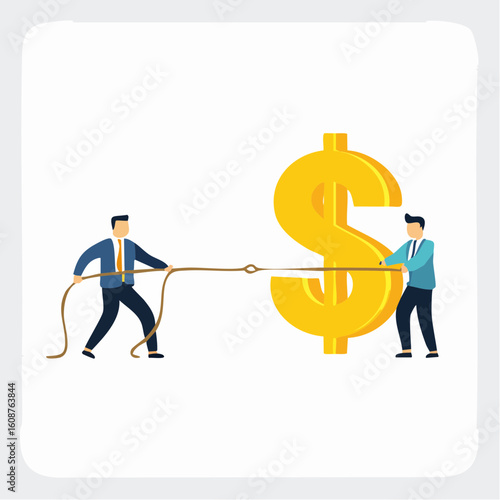 Business competition pulling at giant Dollar sign in financial struggles, contract negotiation