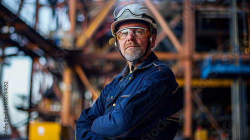 dedicated maritime engineer wearing a navy-blue jumpsuit and a safety helmet, standing confidently in a bustling shipyard. 